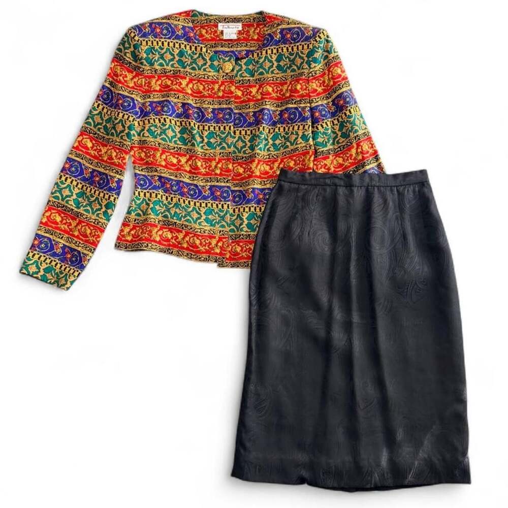 Talbots Silk Skirt Suit Set Size 4 Baroque Print Jacquard